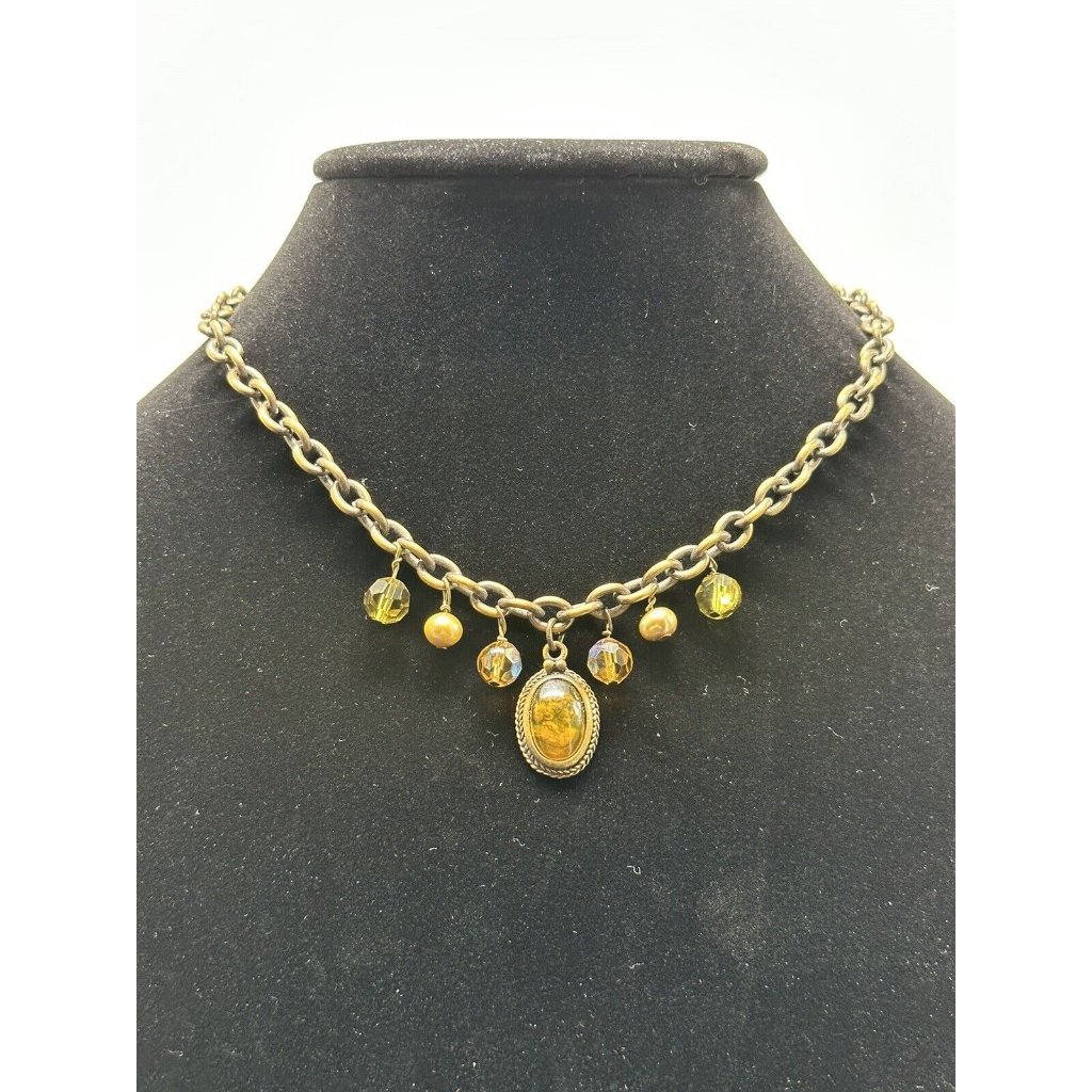 Amber Pendant Necklace With Aurora Borealis Beads And Golden Beads And Pearls